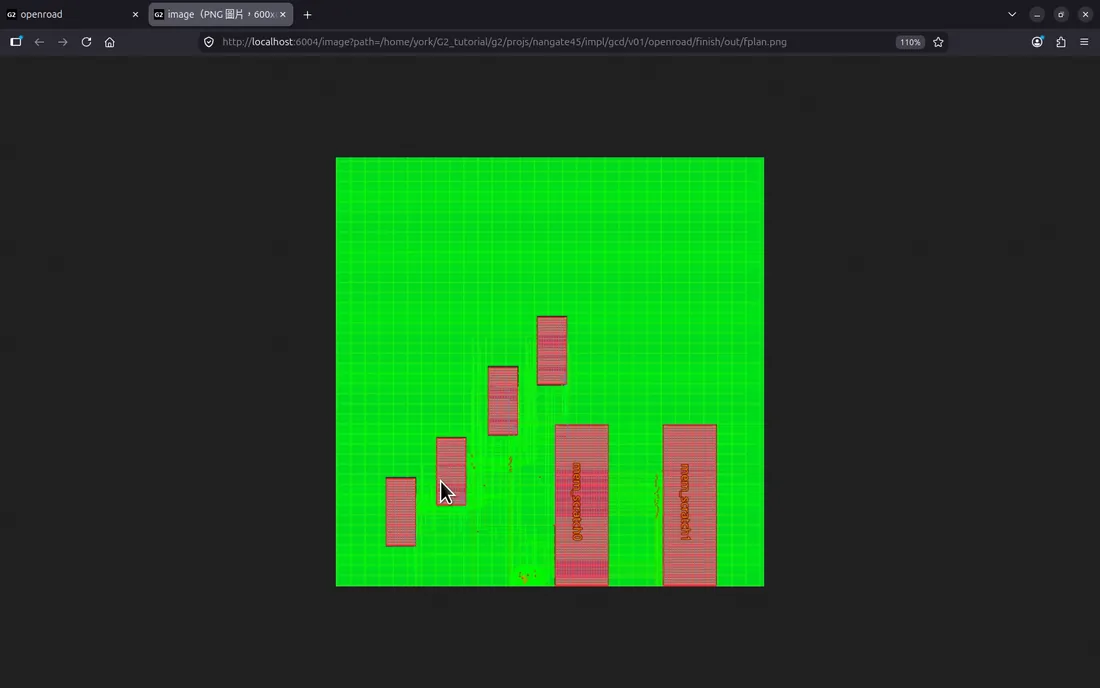 The finished gcd: six memory macros, two large and four small, with the standard cells placed around them.