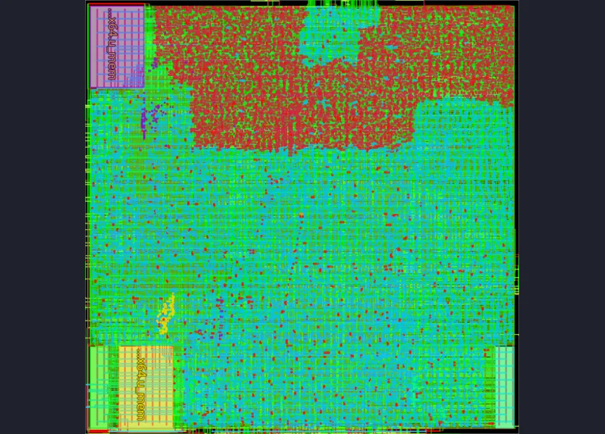 The whole chip, 850 µm square: four SRAMs at the edges, the register file at the top, and the Ibex core routed in between.