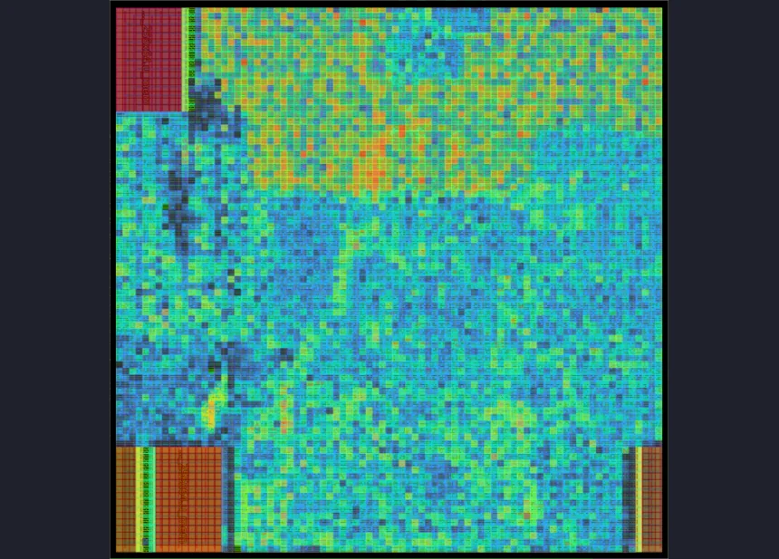 Cell density: the hot block at the top is the register file, built from flip-flops; the SRAMs sit at the edges.