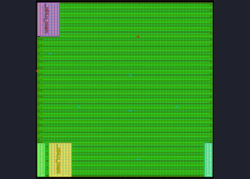 The floorplan: SRAMs on the left edge and in the bottom-right corner, 10 µm in, with power straps across the core and a separate grid over each SRAM. No pins yet.