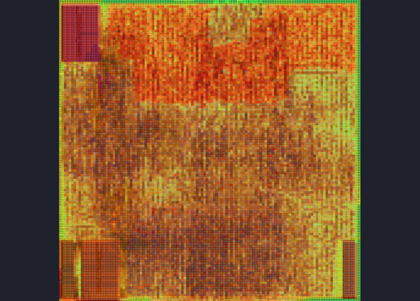 Routing usage: heaviest over the register file, as the placement estimate predicted. Nothing overflows.
