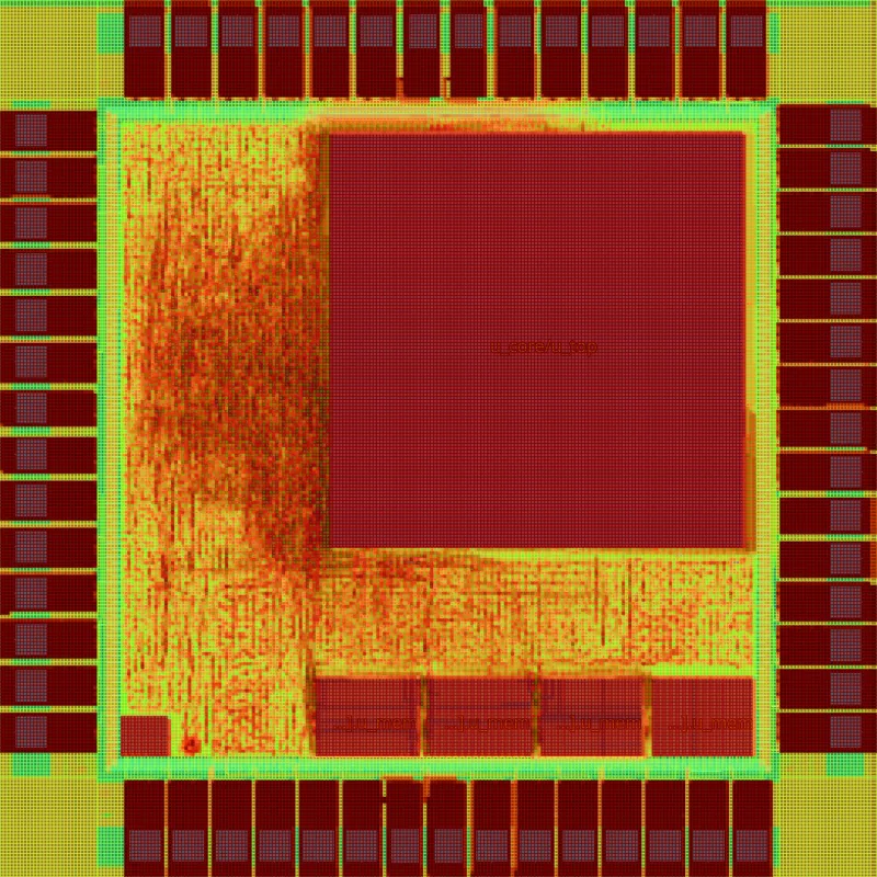 Routing congestion: the SoC logic squeezed between the core, the RAMs and the pads. That's where a second floorplan pass would start.